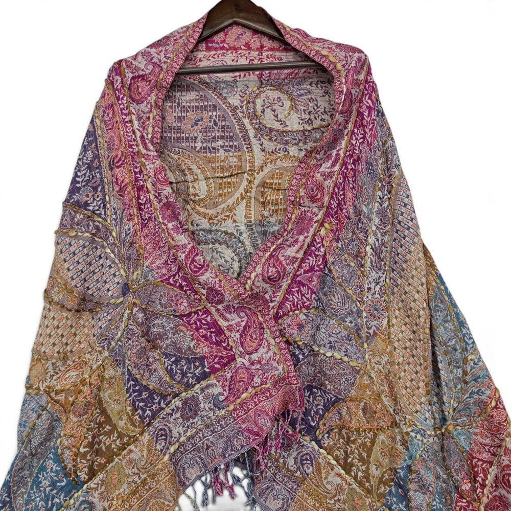 Raj Patchwork Paisley Ruana Kimono Fringe Wrap Boho Festival NWT One Size